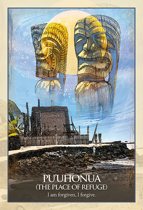 Artistic depiction of a large stone sculpture with text 'Puôhonua (The Place of Refuge)' at the bottom.