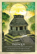 Stylized image of a temple with green and yellow hues, featuring text about a personal relationship with patron guides.