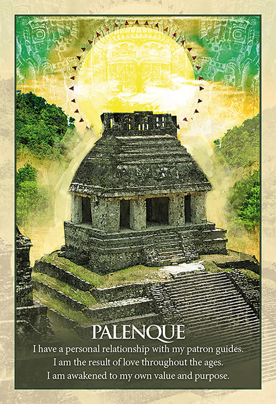 Stylized image of a temple with green and yellow hues, featuring text about a personal relationship with patron guides.
