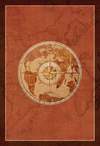 Vintage-style world map with compass rose on a red-brown background