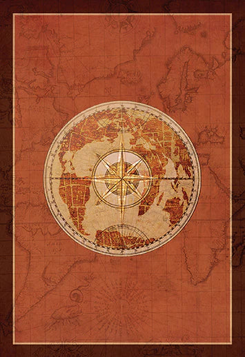 Vintage-style world map with compass rose on a red-brown background
