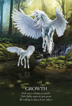 Two winged ponies in a forest with a motivational quote about growth.