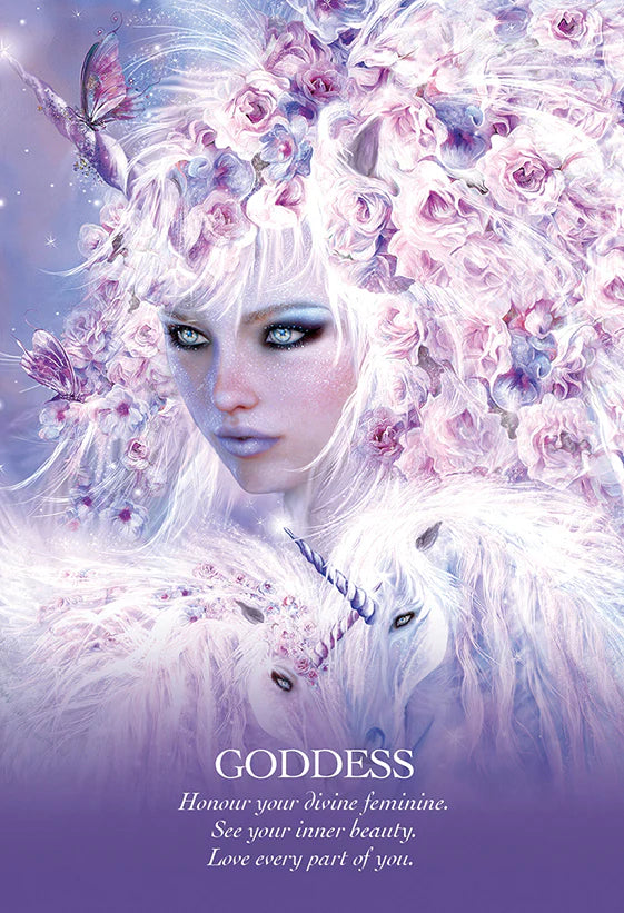 Feminine figure with floral and butterfly elements on a purple background with text.
