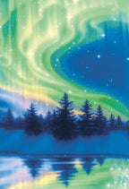 Aurora borealis over a forest with trees reflected in water
