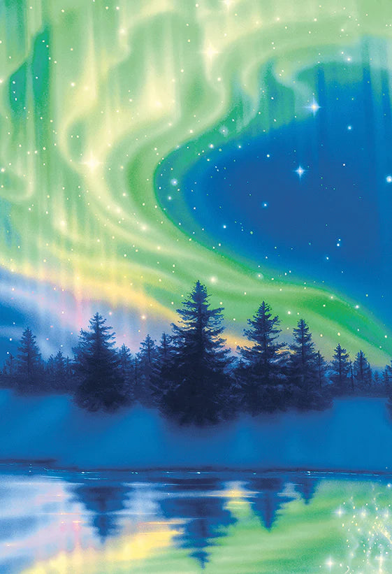 Aurora borealis over a forest with trees reflected in water
