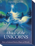 Book cover of 'Oracle of the Unicorns' with a unicorn and Northern Lights in the background
