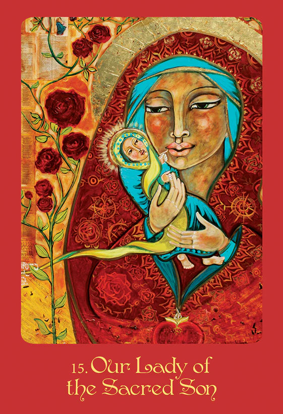 Artistic depiction of a mother holding a child with floral elements on a red background