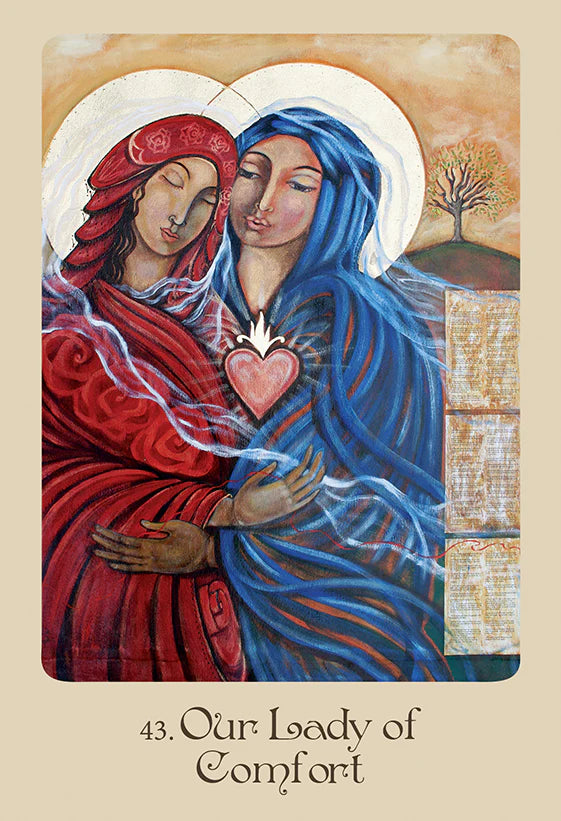 Artistic depiction of two figures holding a heart with 'Our Lady of Comfort' text