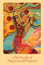Colorful artwork of a woman with flowers and a heart, titled 'Our Lady of Answered Prayers'.