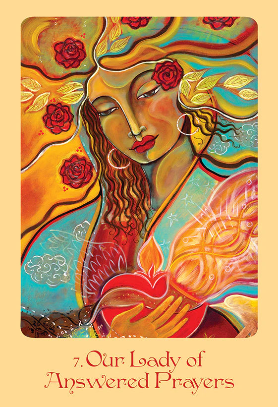 Colorful artwork of a woman with flowers and a heart, titled 'Our Lady of Answered Prayers'.