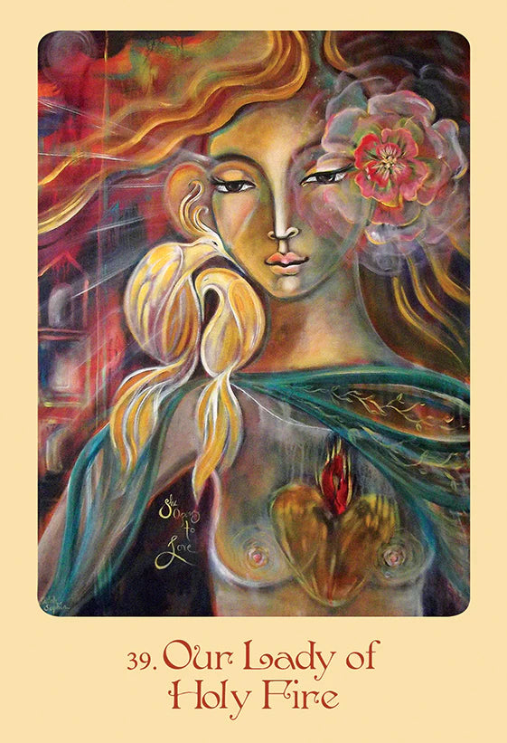 Artistic depiction of a woman with flowing hair and a flower, titled 'Our Lady of Holy Fire'.