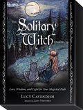 Book cover of 'The Solitary Witch Oracle' with a witch and wolf in a forest at night.
