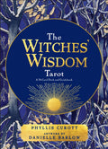 Book cover of 'The Witches' Wisdom Tarot' with a blue background and tarot card design.