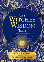 Book cover of 'The Witches' Wisdom Tarot' with a blue background and tarot card design.