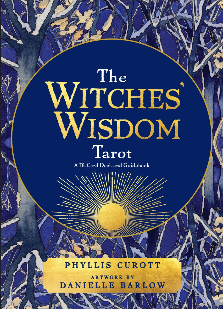 Book cover of 'The Witches' Wisdom Tarot' with a blue background and tarot card design.