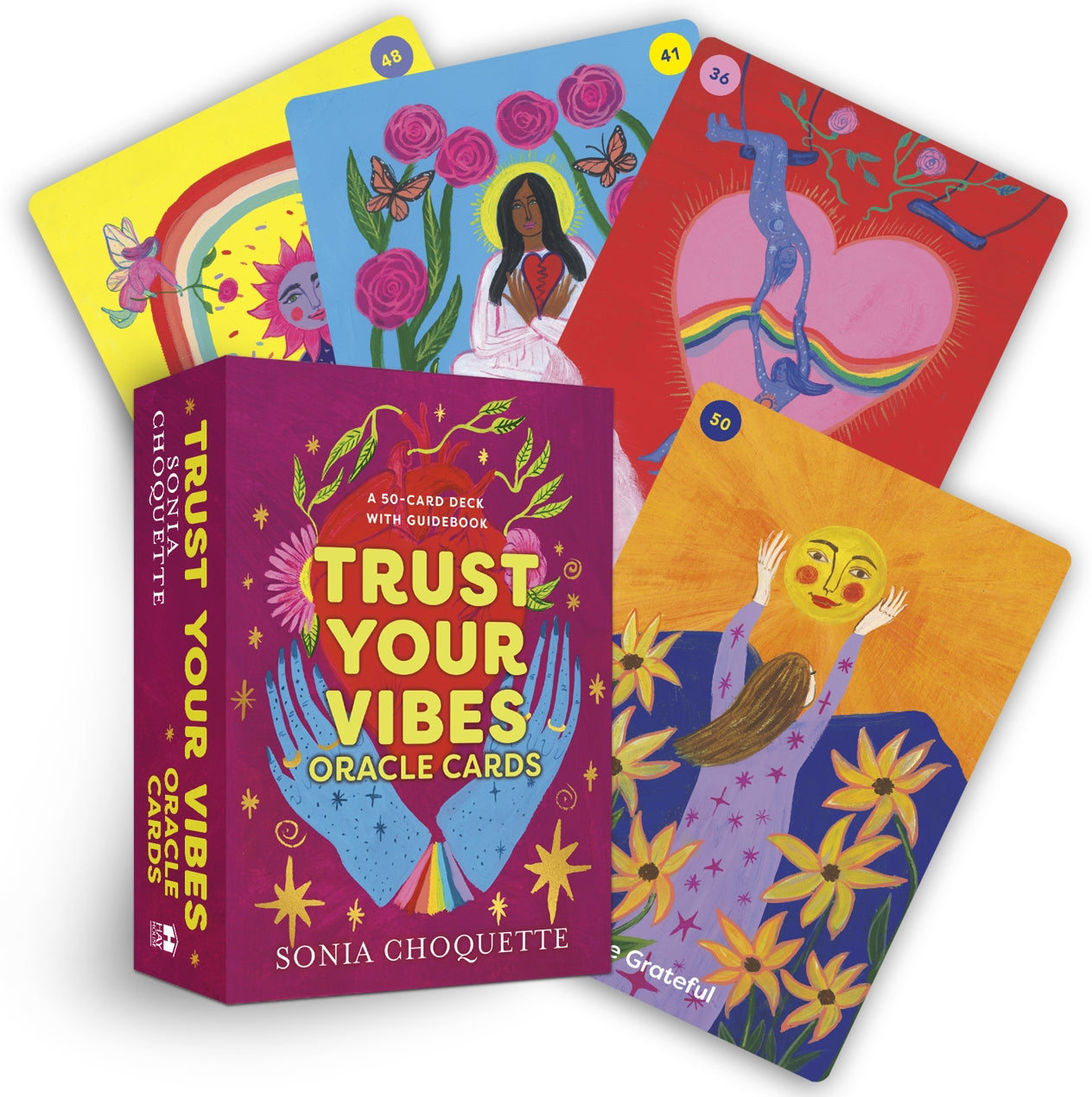 Set of 'Trust Your Vibes' oracle cards by Sonia Choquette with colorful designs on a white background.