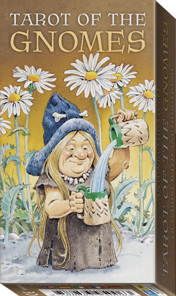 Box for 'Tarot of the Gnomes' with a gnome illustration and flowers on a yellow background