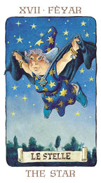 Tarot card titled 'Le Stelle' featuring a blue figure with stars against a blue background.