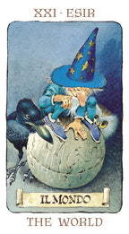 Tarot card titled 'Il Mondo' featuring a wizard and raven on a blue background