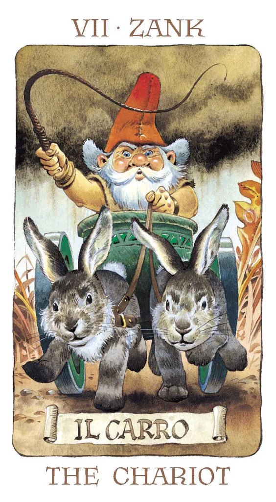 Tarot card featuring a gnome and two rabbits with text 'VII Zank Il Carro The Chariot'.