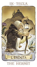 Tarot card featuring an elderly hermit with a lantern, surrounded by nature elements.