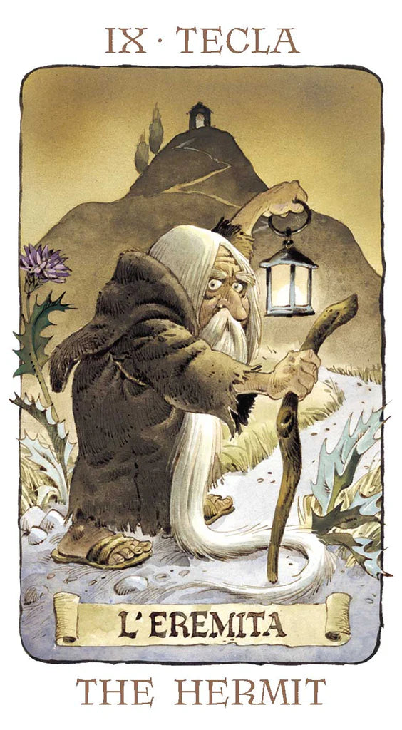 Tarot card featuring an elderly hermit with a lantern, surrounded by nature elements.