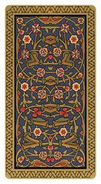Decorative rug with floral and geometric pattern on a blue background