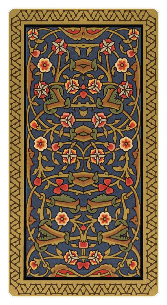 Decorative rug with floral and geometric pattern on a blue background