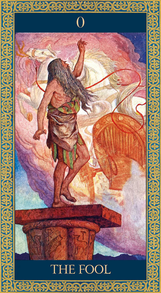 Tarot card featuring 'The Fool' with a person standing on a pedestal against a colorful background.