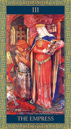 Tarot card titled 'The Empress' with two figures in ornate clothing against a detailed background.