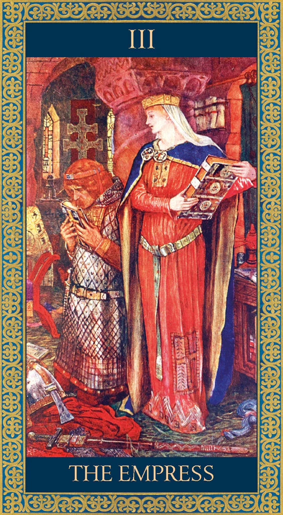 Tarot card titled 'The Empress' with two figures in ornate clothing against a detailed background.