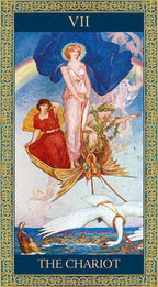 Tarot card titled 'The Chariot' with a decorative border and illustration of a woman on a chariot.