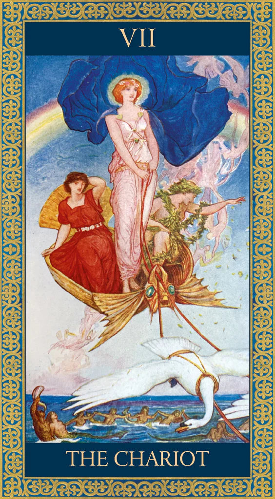 Tarot card titled 'The Chariot' with a decorative border and illustration of a woman on a chariot.