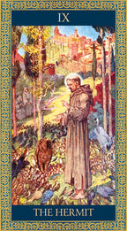 Card featuring a hermit figure in a natural setting with ornate border