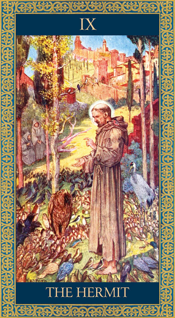 Card featuring a hermit figure in a natural setting with ornate border