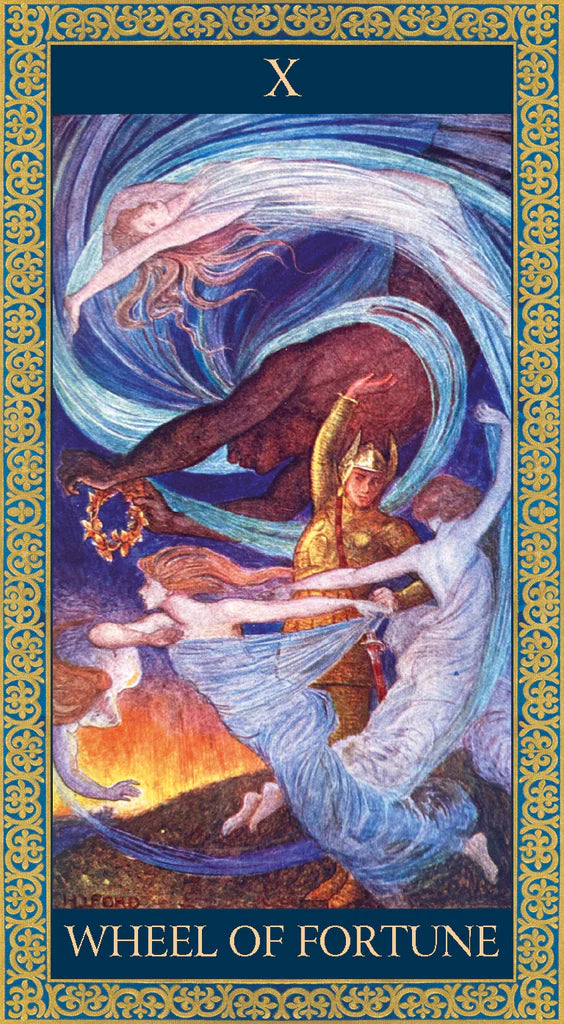 Tarot card featuring the 'Wheel of Fortune' with a decorative border and text.