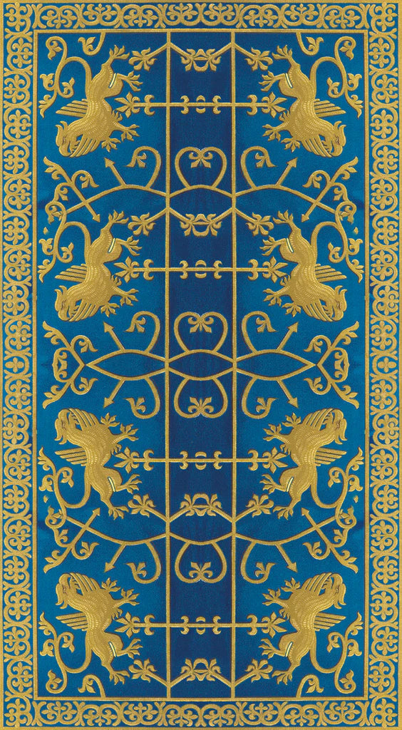 Decorative pattern with gold lions on a blue background