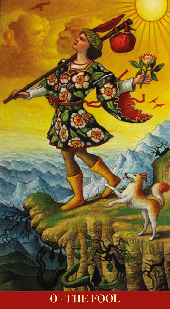 Tarot card featuring 'The Fool' with a person in colorful attire holding a flower and a bag, set against a mountainous landscape.