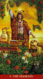 Card featuring a figure in a colorful outfit with a headdress, surrounded by nature elements and symbols.