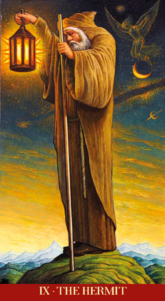 Artistic depiction of 'The Hermit' card from a tarot deck, featuring a robed figure with a lantern against a celestial background.