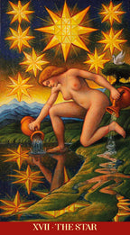 Tarot card featuring a nude figure pouring water into a star, with 'The Star' at the bottom.