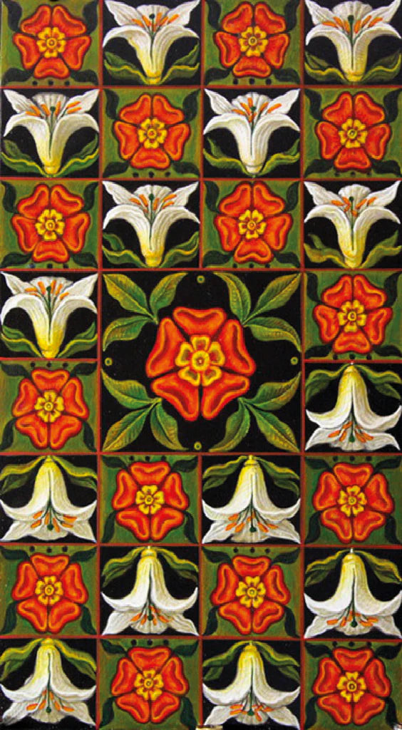 Pattern of red, white, and yellow flowers on a black background