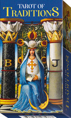 Box for 'Tarot of Traditions' with a figure in a blue robe and crown on a blue background.