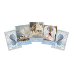 Set of five greeting cards with angel designs on a white background