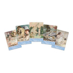 Set of five postcards with classical art illustrations on a white background