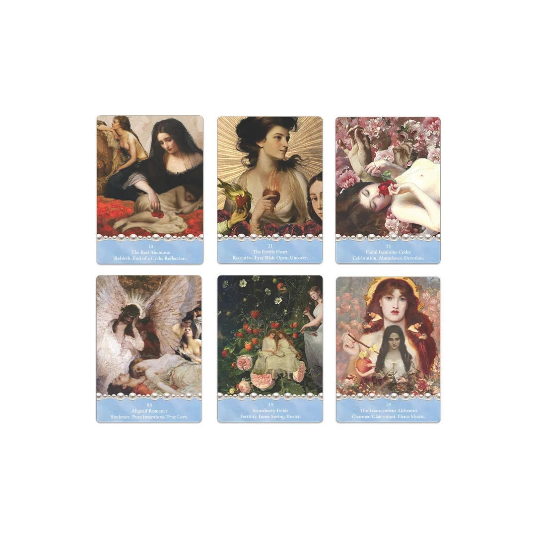 Set of six tarot cards with artistic illustrations on a white background