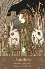 Illustration of a woman with two animals, surrounded by nature, with text '1. Confidence' at the bottom.