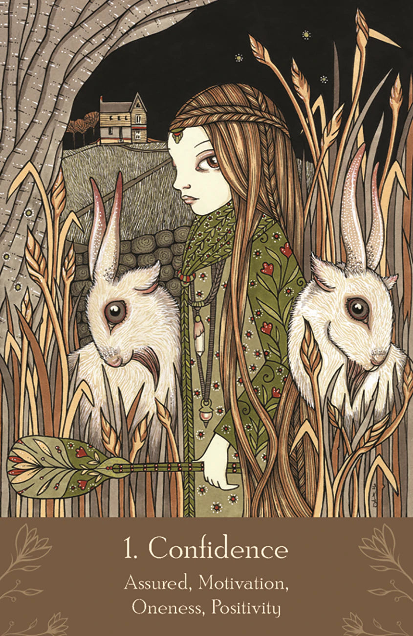 Illustration of a woman with two animals, surrounded by nature, with text '1. Confidence' at the bottom.