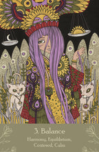 Colorful illustration of a person with a headdress and cats, surrounded by nature symbols, on a dark background.