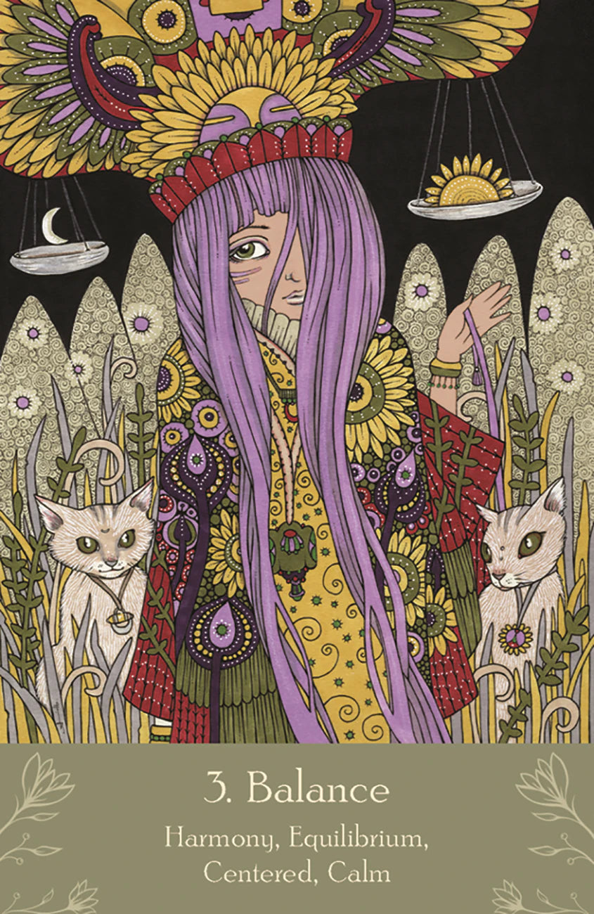 Colorful illustration of a person with a headdress and cats, surrounded by nature symbols, on a dark background.